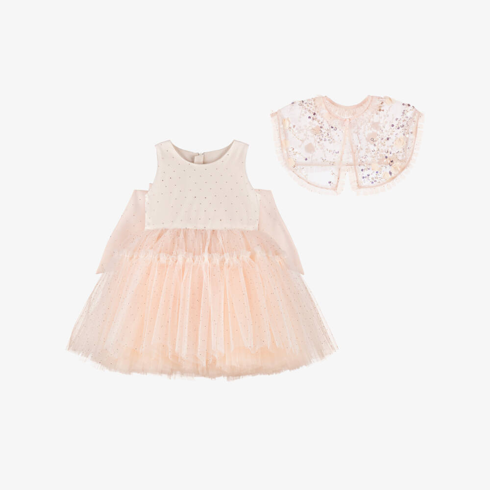 Junona-Girls Dusky Pink Tulle Dress with Beaded Collar | Childrensalon Outlet