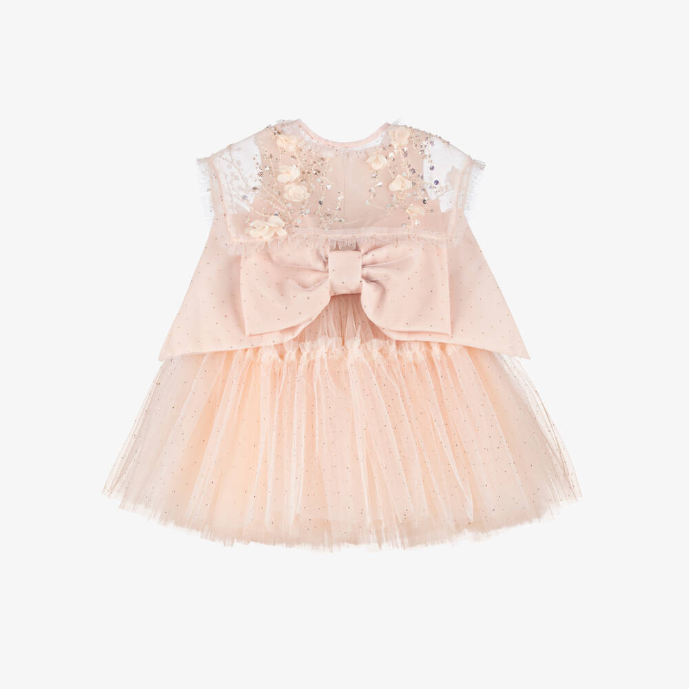Junona-Girls Dusky Pink Tulle Dress with Beaded Collar | Childrensalon Outlet