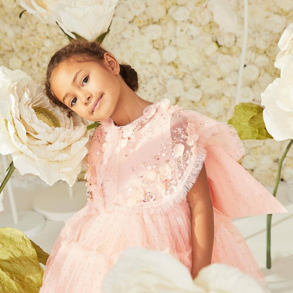 Junona-Girls Dusky Pink Tulle Dress with Beaded Collar | Childrensalon Outlet