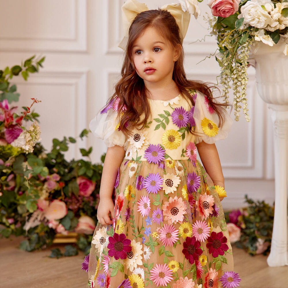 Junona-فستان تول فاخر مزين بالورود للبنات | Childrensalon Outlet