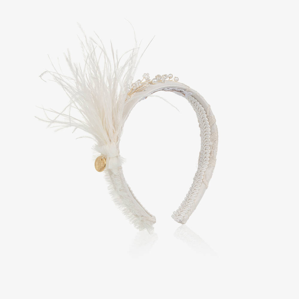 Junona-عصابة رأس عاجية أنيقة للبنات مزينة بالريش | Childrensalon Outlet
