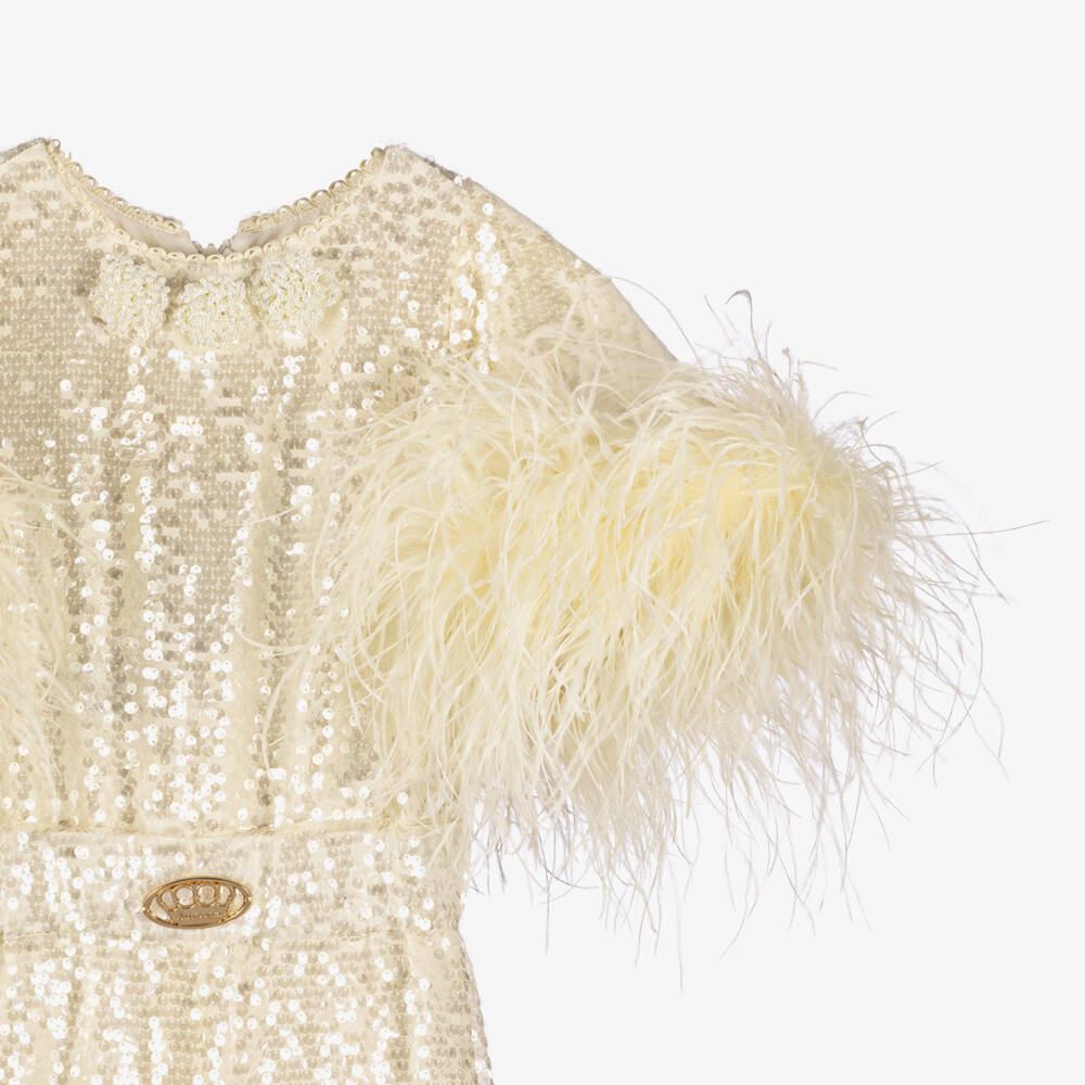 Junona-Girls Elegant Ivory Feathered Romper | Childrensalon Outlet
