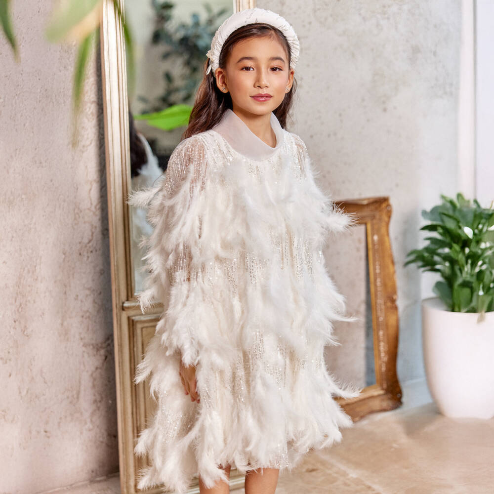 Junona-Girls Elegant White Feather Gown | Childrensalon Outlet