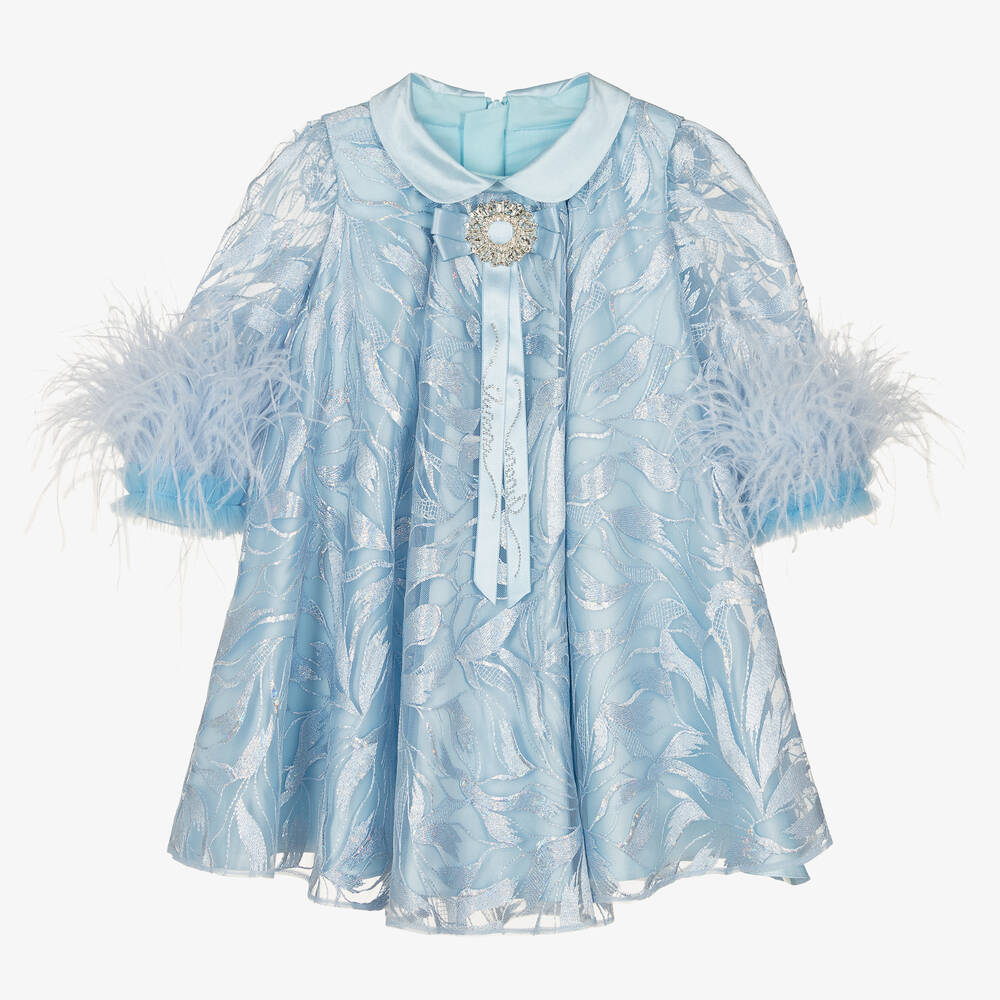 Junona - Robe bleue brodée à plumes fille | Childrensalon