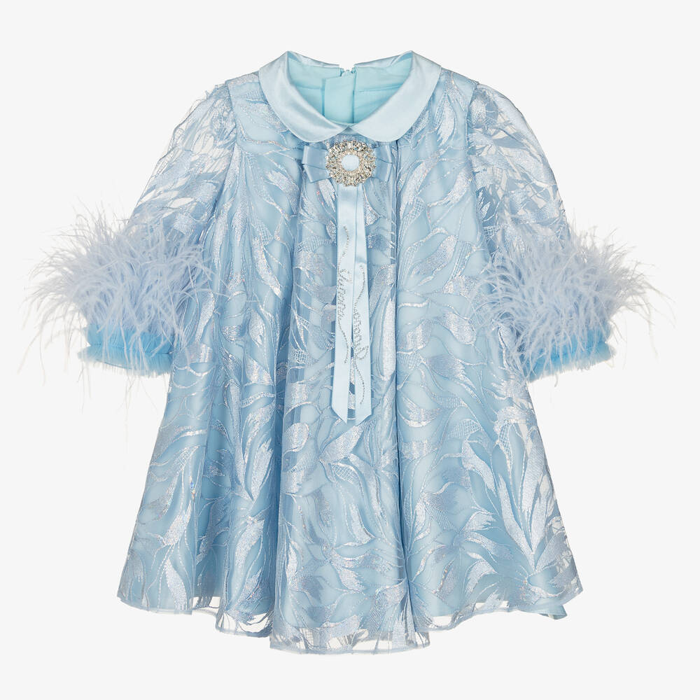 Junona-Girls Embroidered Blue Feather Dress | Childrensalon Outlet