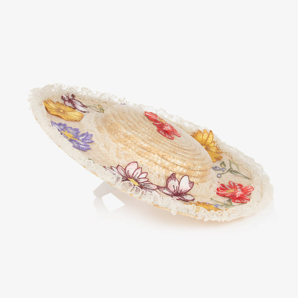 Junona-قبعة شمس قش وتول مطرز لون بيج للبنات | Childrensalon Outlet