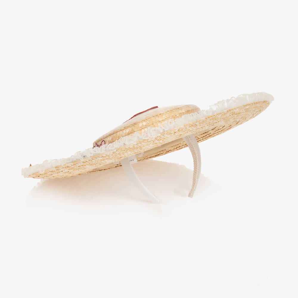 Junona-قبعة شمس قش وتول مطرز لون بيج للبنات | Childrensalon Outlet