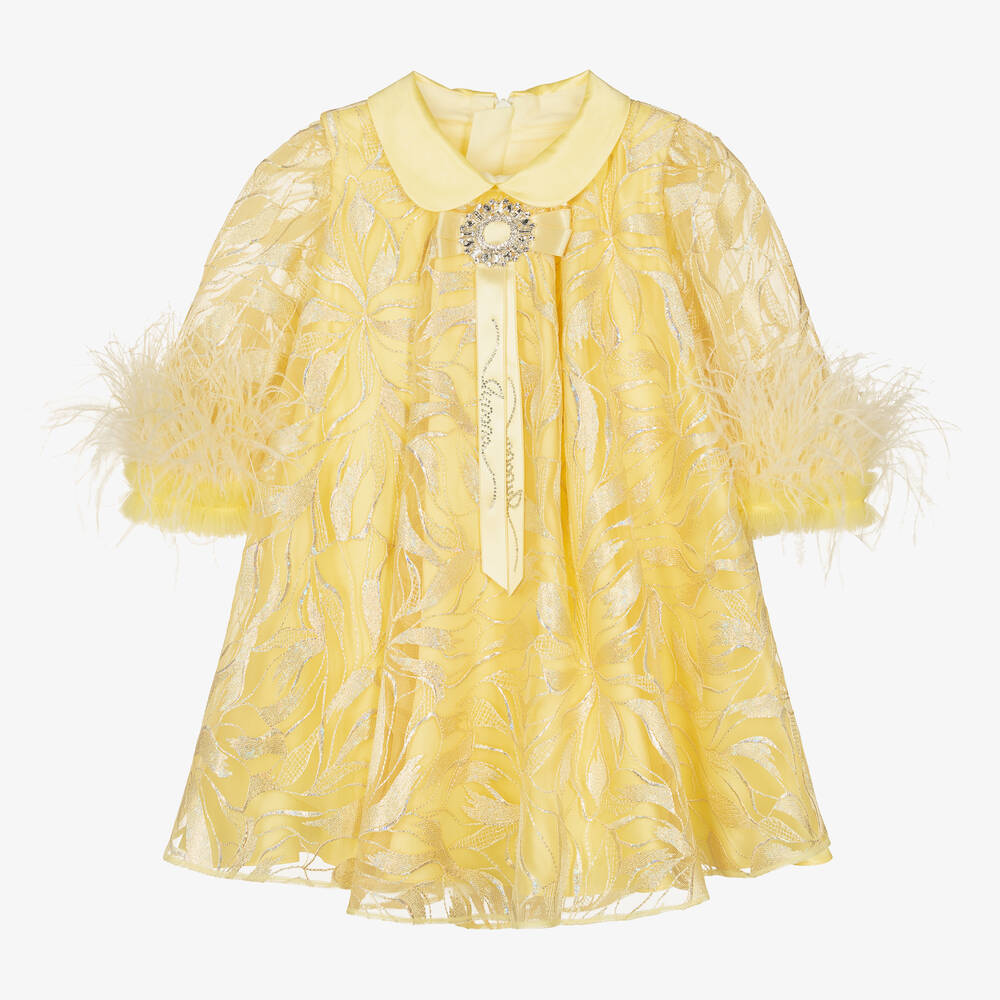 Junona - Robe jaune brodée à plumes fille | Childrensalon