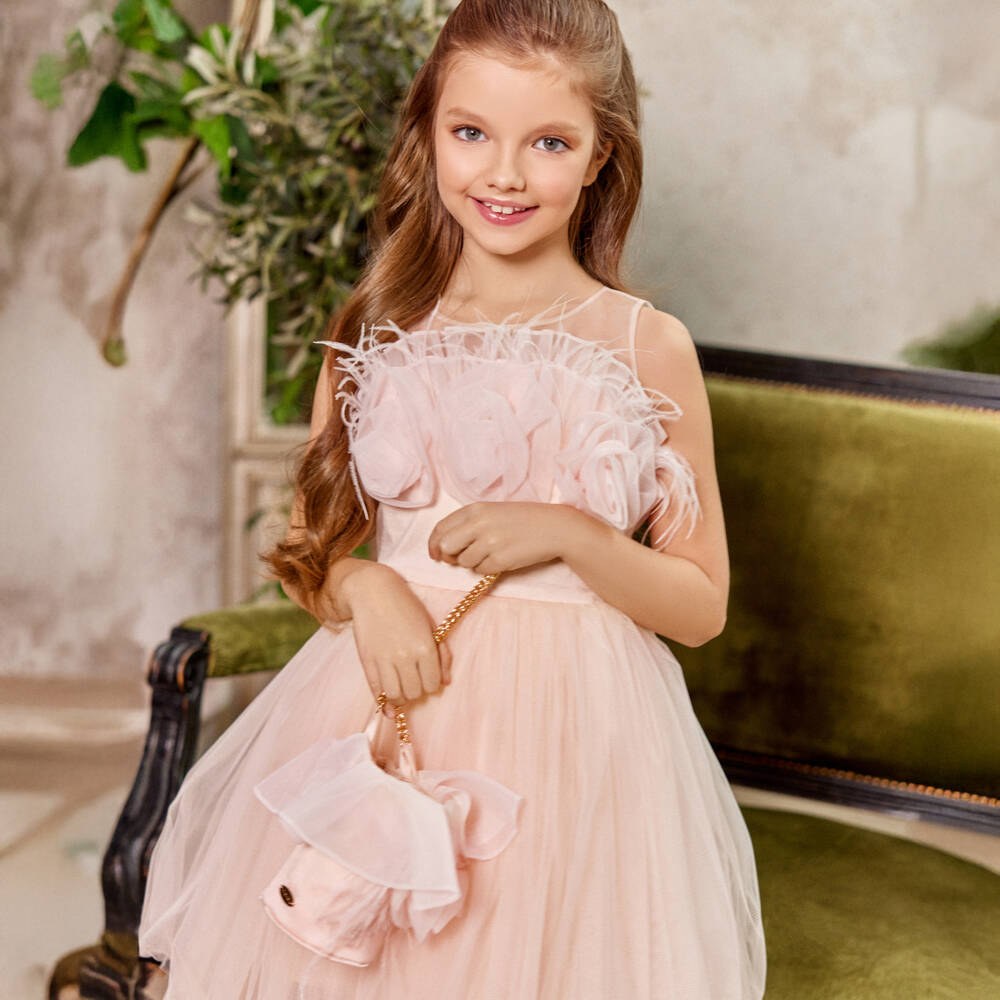 Junona-Girls Feathered Organza & Satin Gown | Childrensalon Outlet