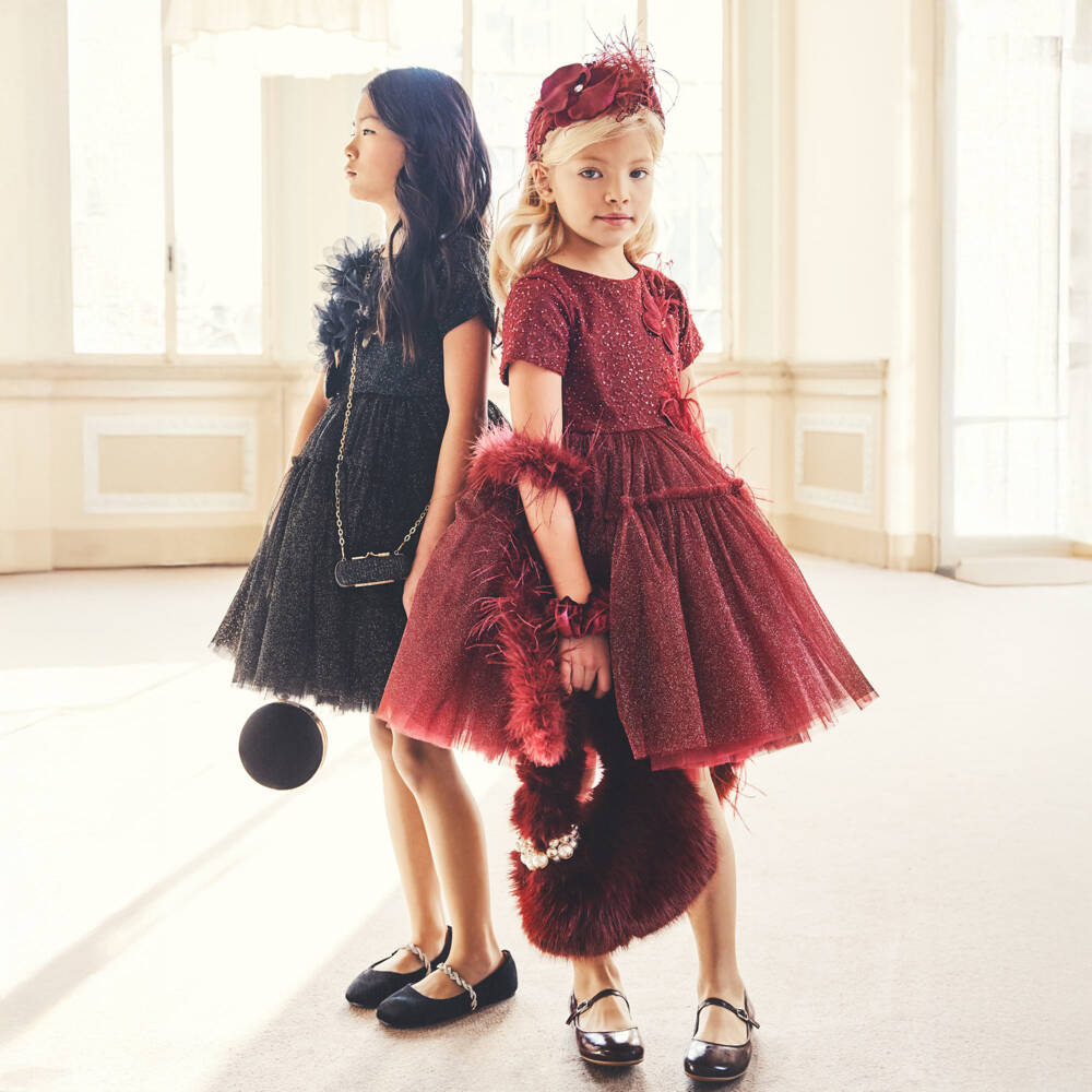 Junona-Girls Glittery Burgundy Red Butterfly Dress with Feathers | Childrensalon Outlet