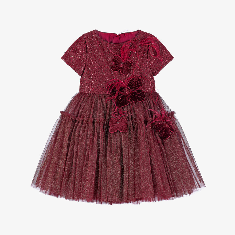 Junona-Girls Glittery Burgundy Red Butterfly Dress with Feathers | Childrensalon Outlet