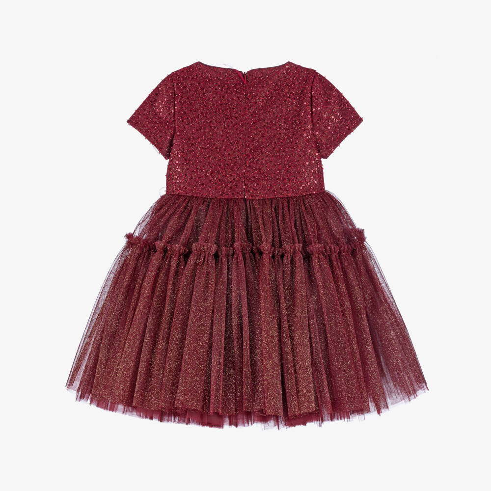 Junona-Girls Glittery Burgundy Red Butterfly Dress with Feathers | Childrensalon Outlet