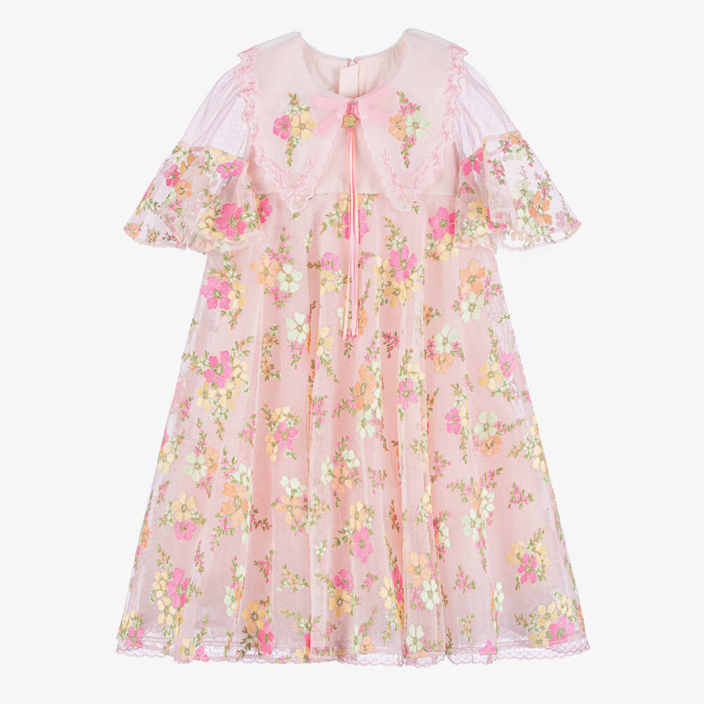 Junona-Girls Glittery Pink Tulle Dress with Embroidered Flowers | Childrensalon Outlet