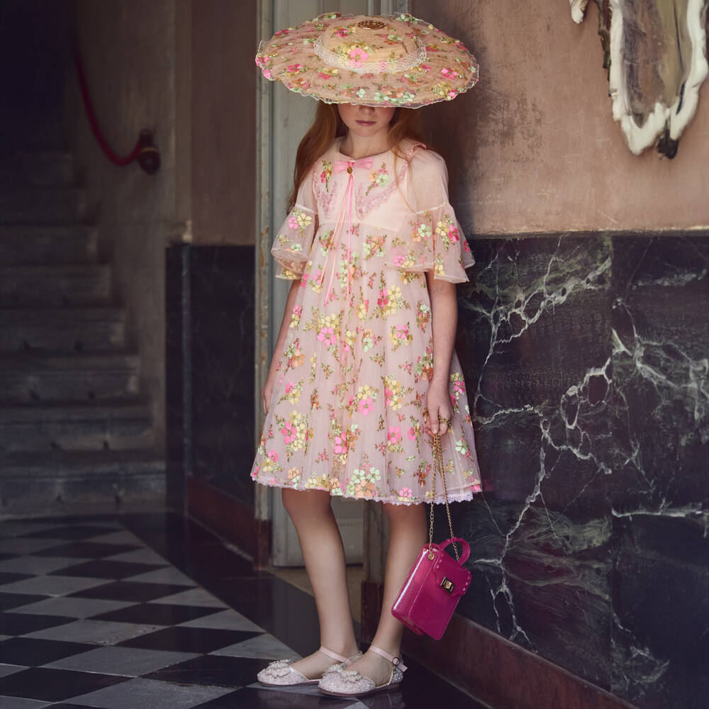 Junona-Girls Glittery Pink Tulle Dress with Embroidered Flowers | Childrensalon Outlet