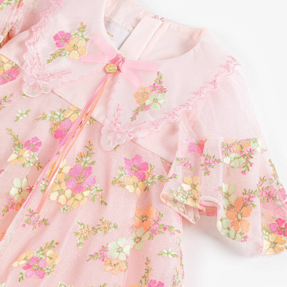 Junona-Girls Glittery Pink Tulle Dress with Embroidered Flowers | Childrensalon Outlet
