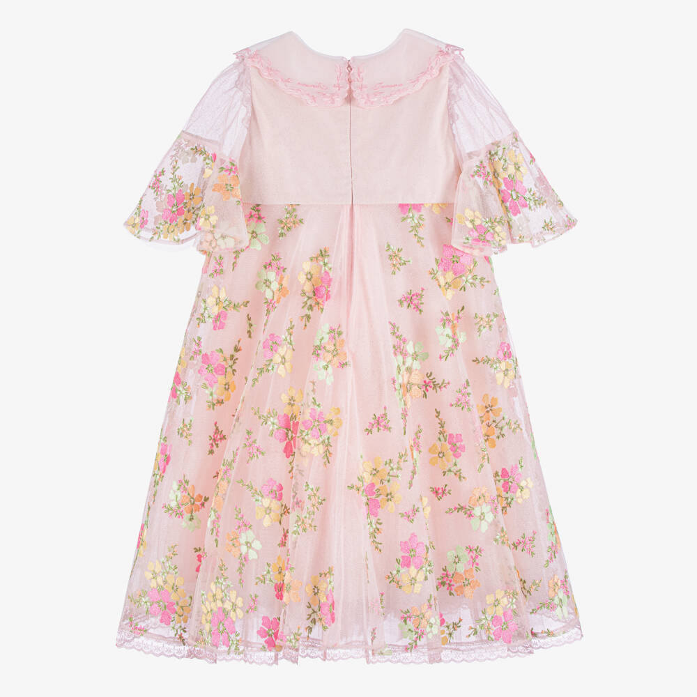 Junona-Girls Glittery Pink Tulle Dress with Embroidered Flowers | Childrensalon Outlet