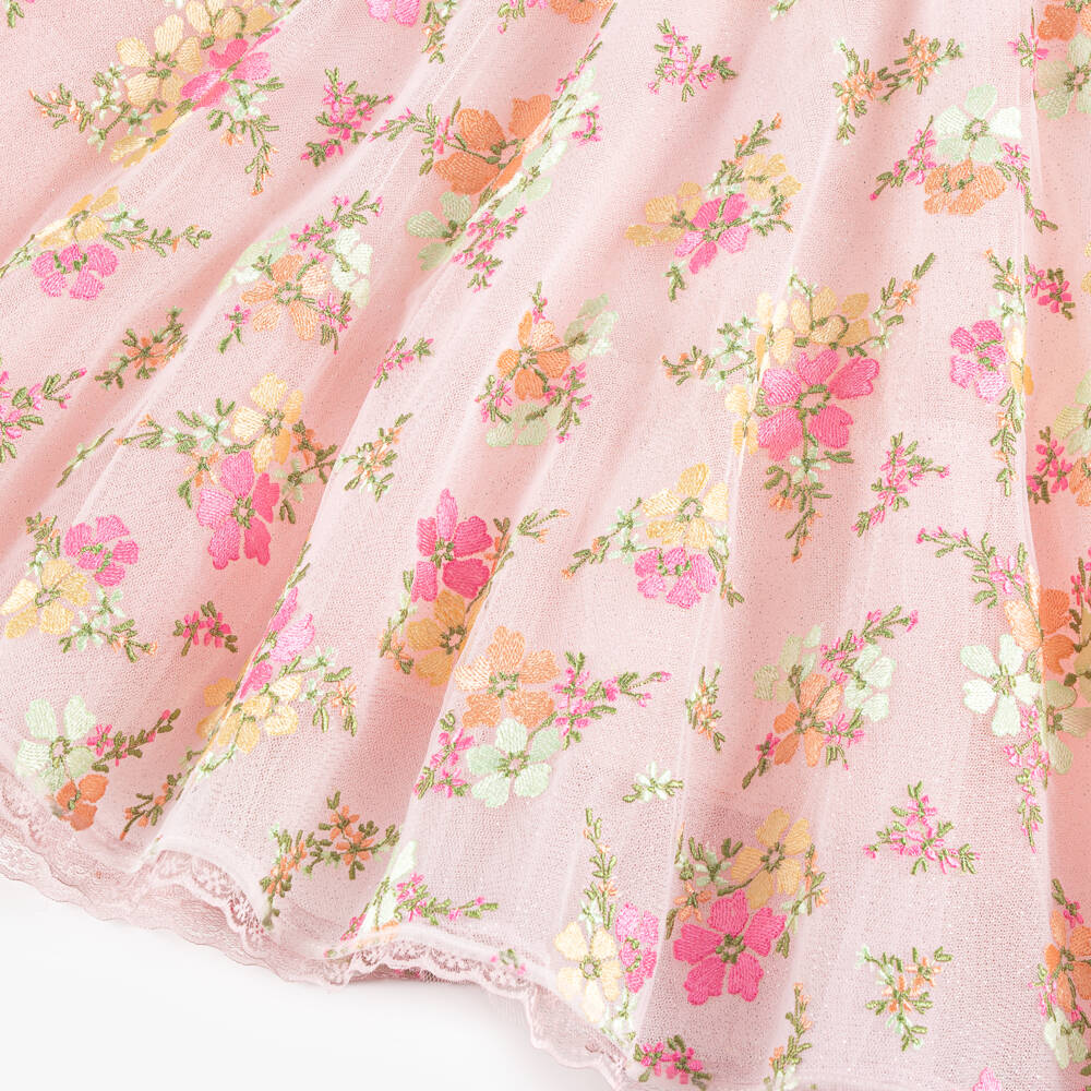 Junona-Girls Glittery Pink Tulle Dress with Embroidered Flowers | Childrensalon Outlet