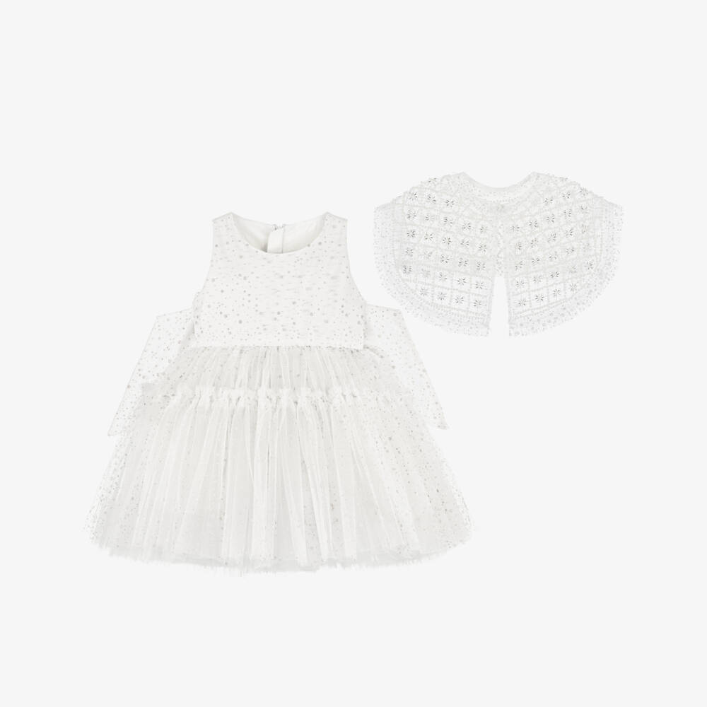 Junona-Girls Glittery White Tulle Dress with Beaded Collar | Childrensalon Outlet