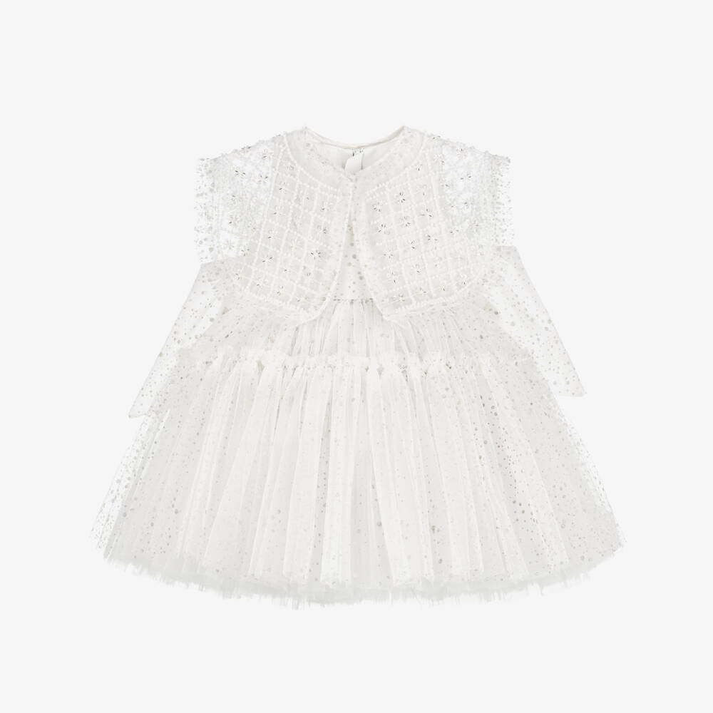 Junona-Girls Glittery White Tulle Dress with Beaded Collar | Childrensalon Outlet