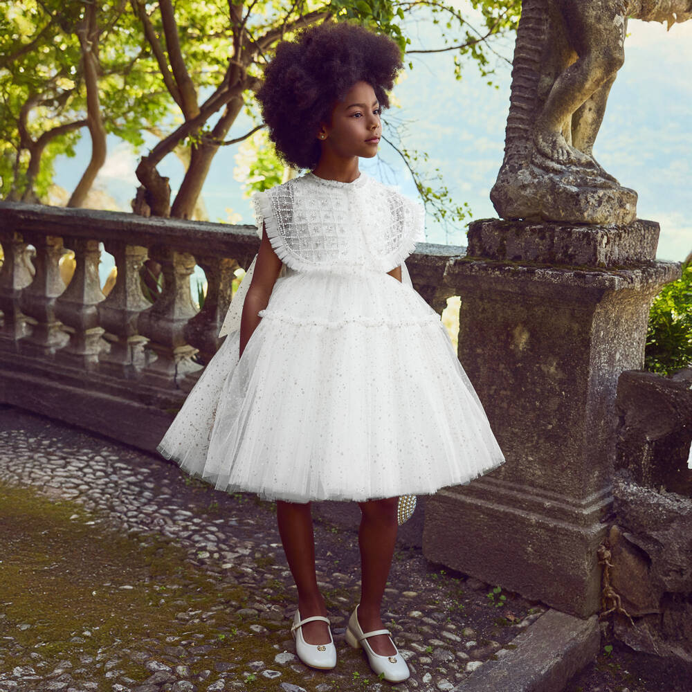 Junona-Girls Glittery White Tulle Dress with Beaded Collar | Childrensalon Outlet