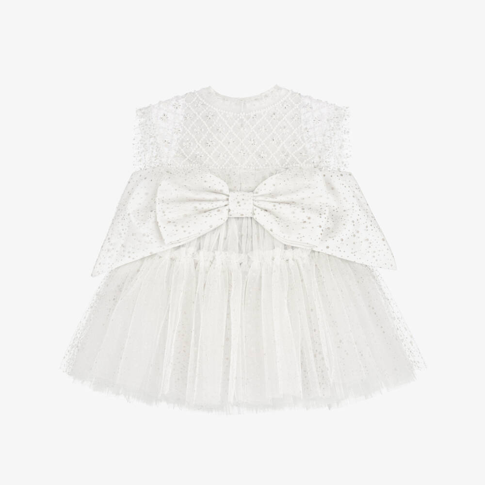 Junona-Girls Glittery White Tulle Dress with Beaded Collar | Childrensalon Outlet