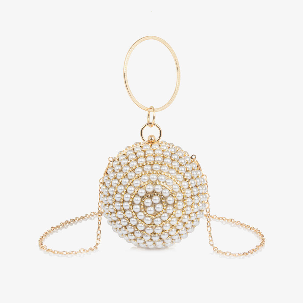 Junona-Girls Gold & Faux Pearl Ball Handbag (15cm) | Childrensalon Outlet