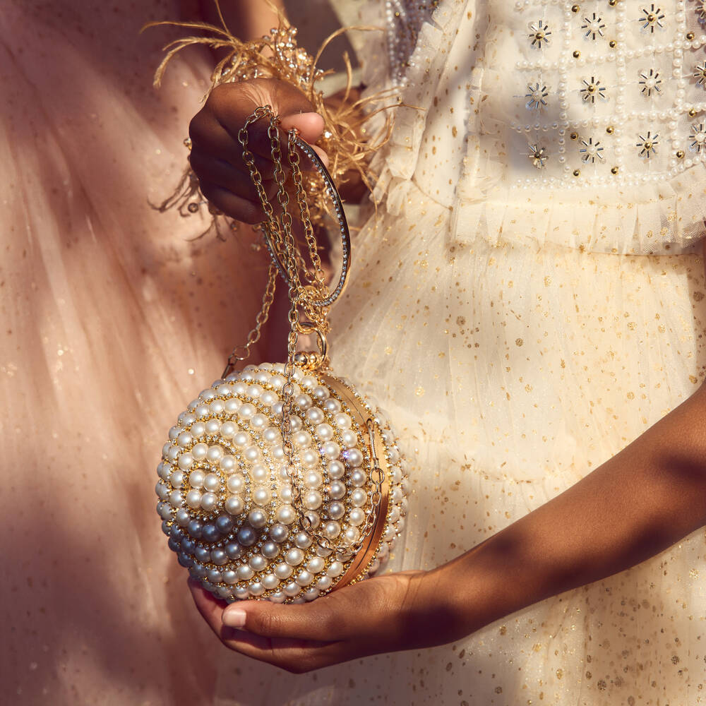 Junona-Girls Gold & Faux Pearl Ball Handbag (15cm) | Childrensalon Outlet