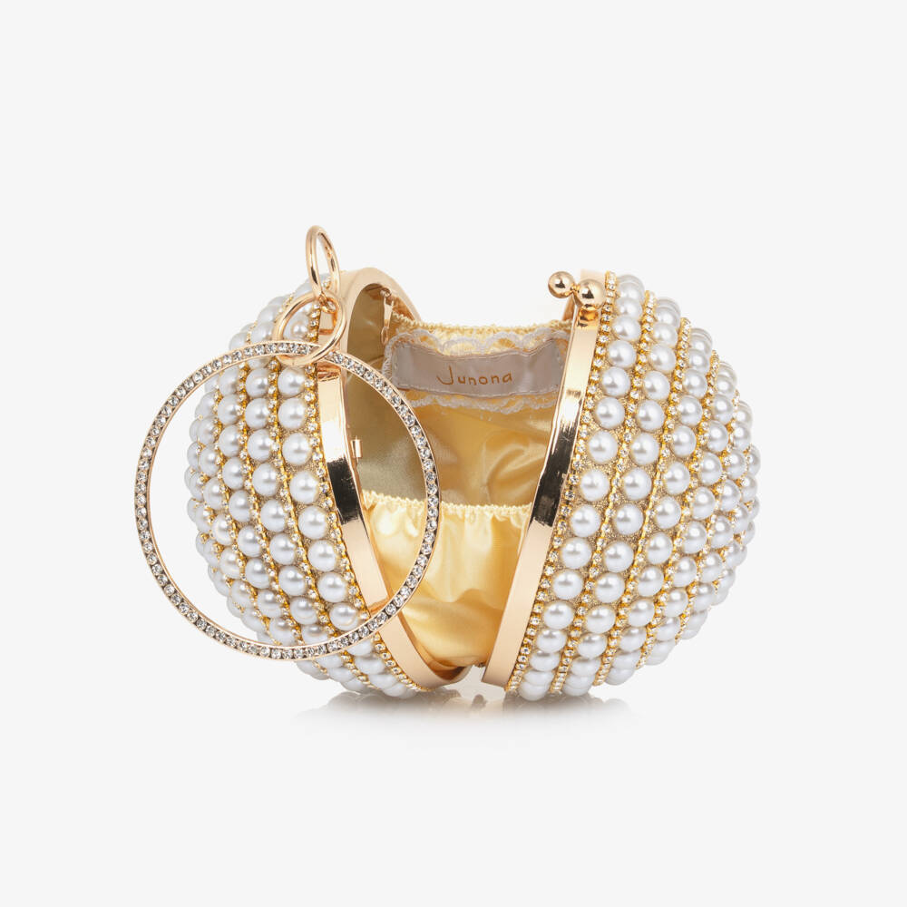 Junona-Girls Gold & Faux Pearl Ball Handbag (15cm) | Childrensalon Outlet