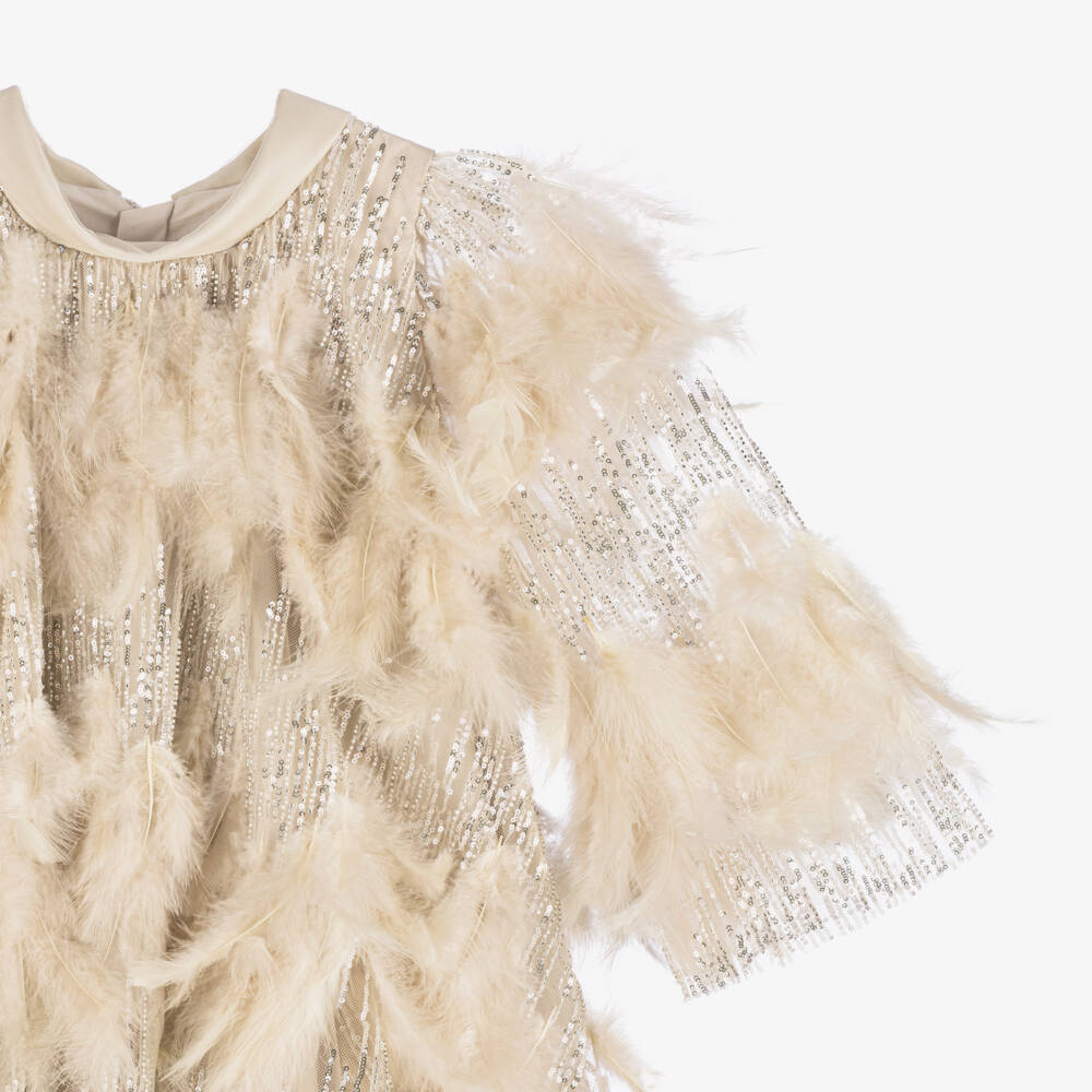 Junona-Girls Gold Feathered Tulle Dress | Childrensalon Outlet