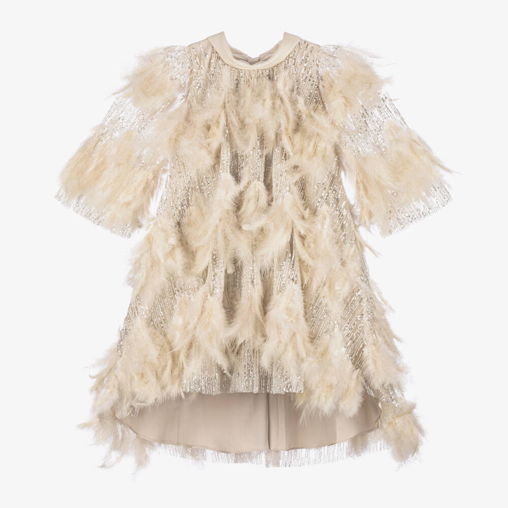 Junona-Girls Gold Feathered Tulle Dress | Childrensalon Outlet