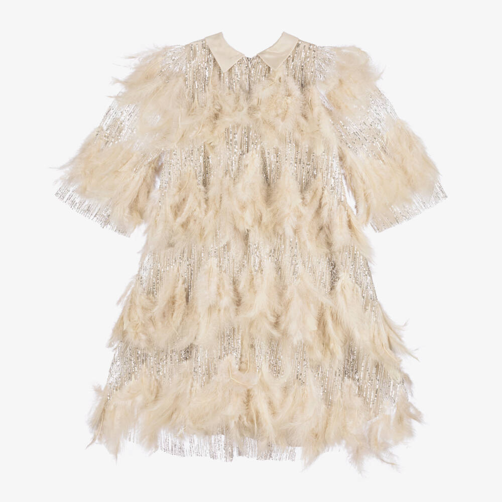 Junona-Girls Gold Feathered Tulle Dress | Childrensalon Outlet