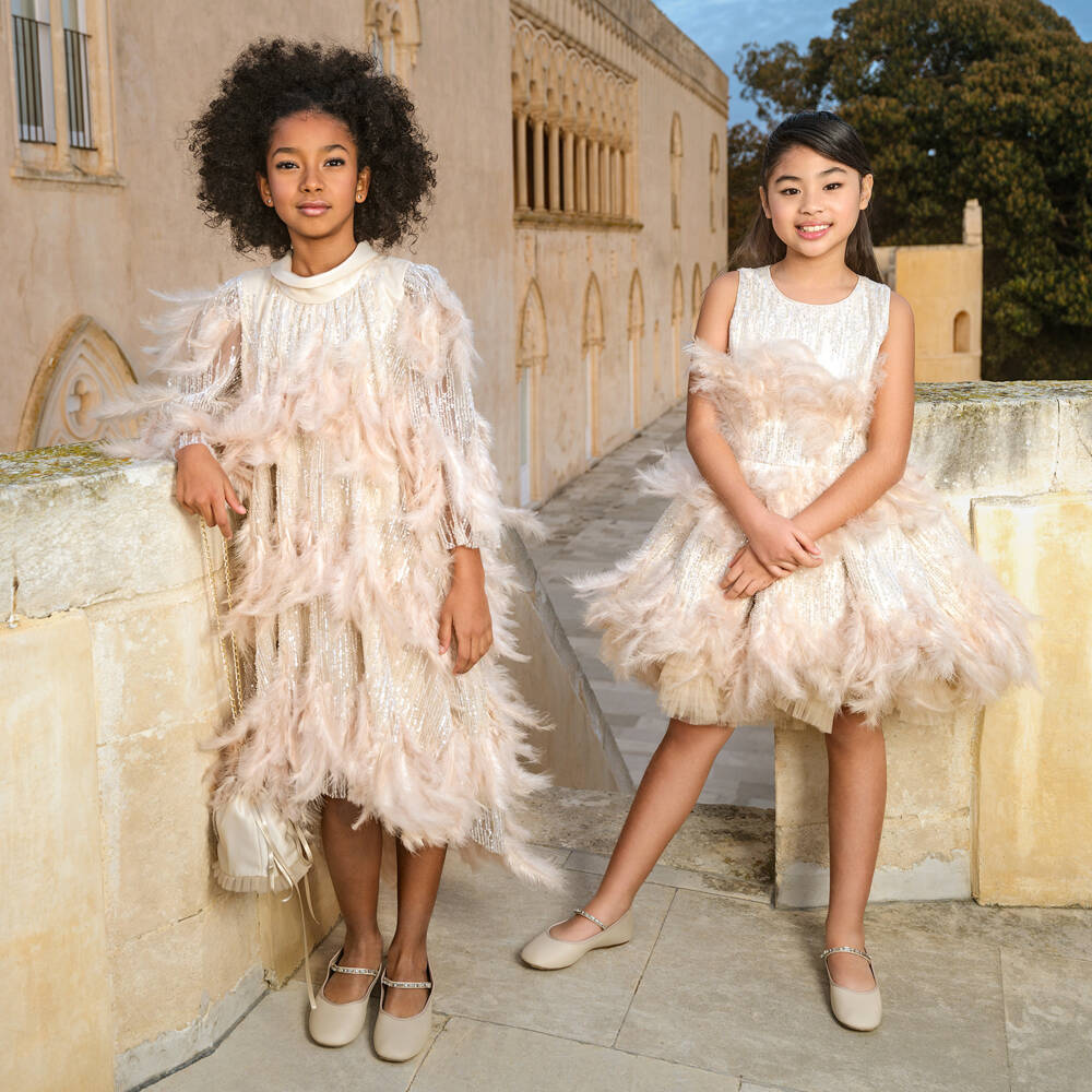 Junona-Girls Gold Feathered Tulle Dress | Childrensalon Outlet