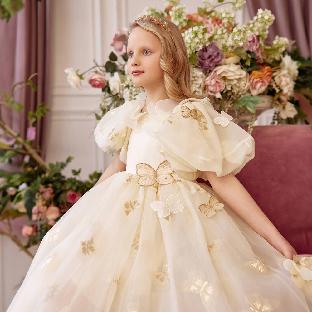 Junona-Girls Gold Jacquard Butterfly Gown | Childrensalon Outlet