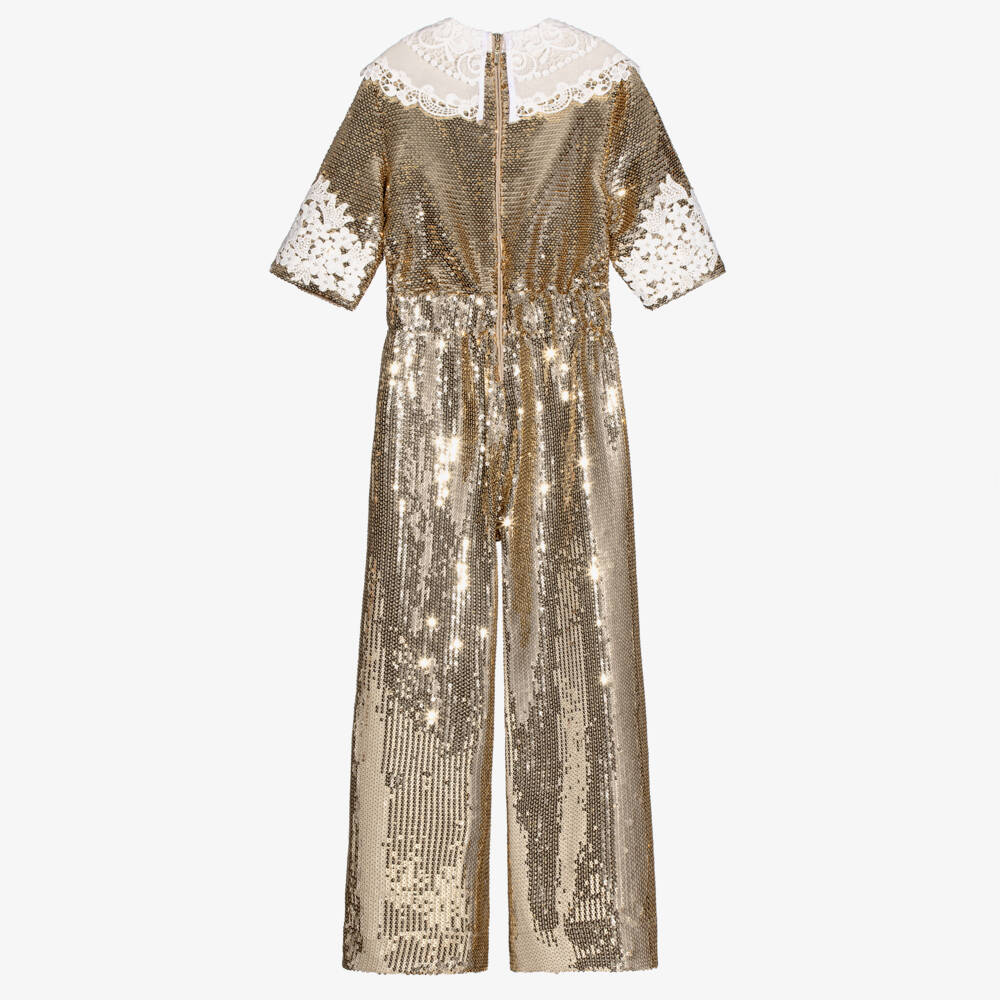 Junona-Girls Gold Sequin Jumpsuit with Lace Collar | Childrensalon Outlet
