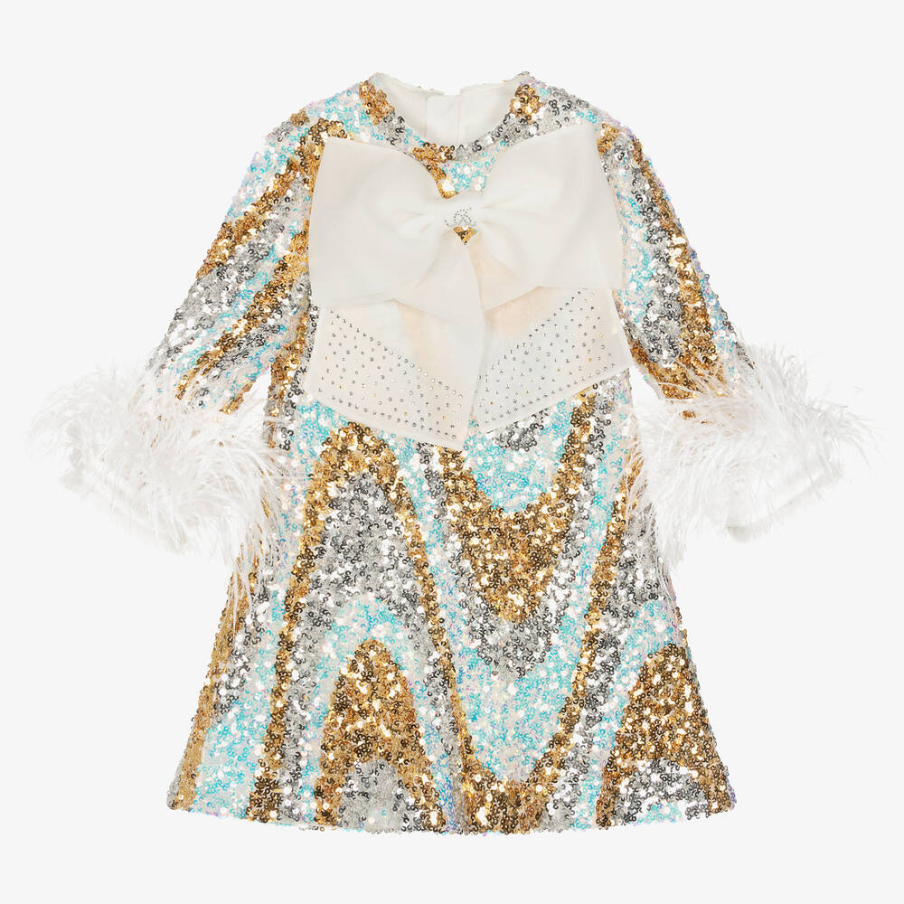 Junona - Girls Gold & Silver Sequin Bow Dress | Childrensalon