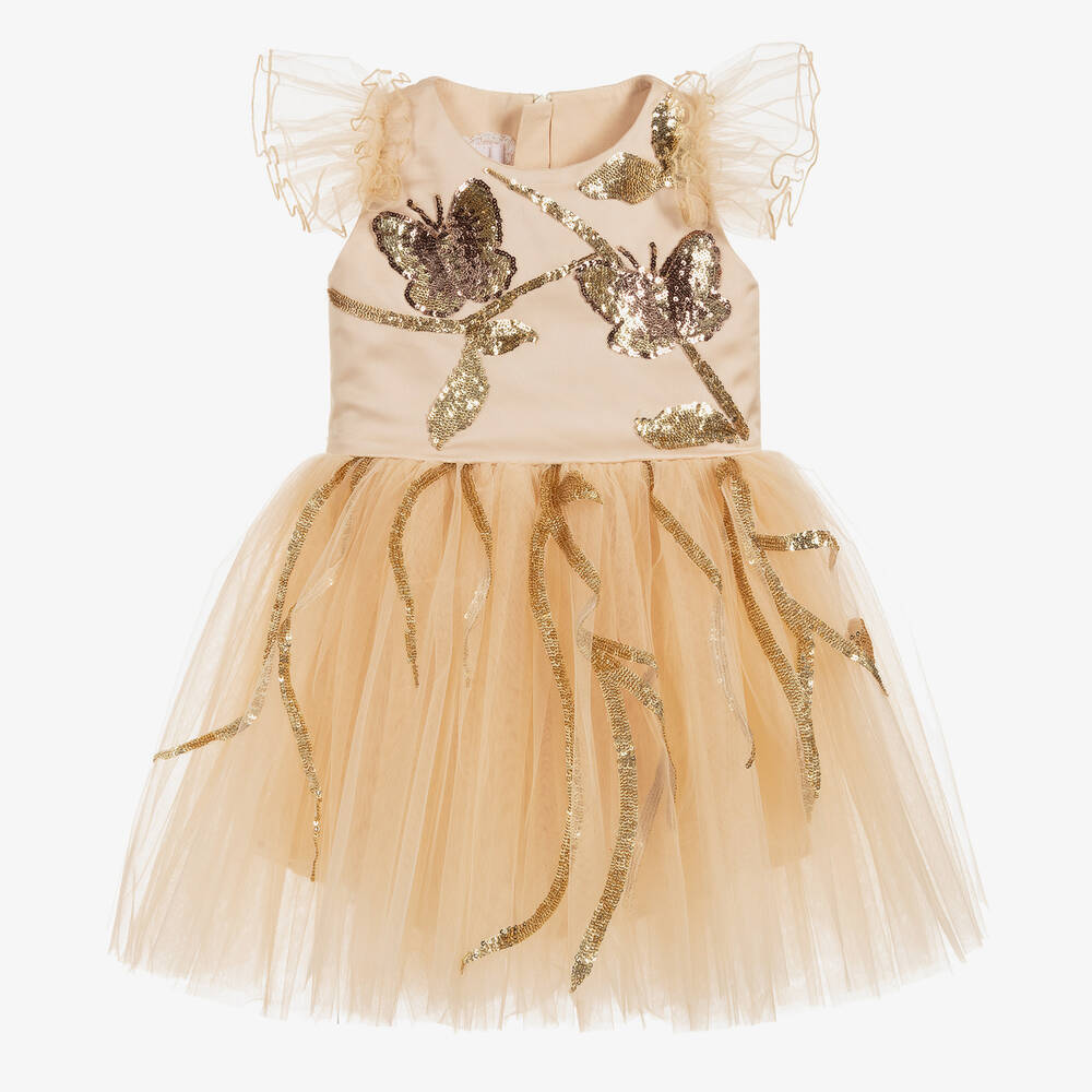 Junona - Girls Gold Tulle Dress | Childrensalon