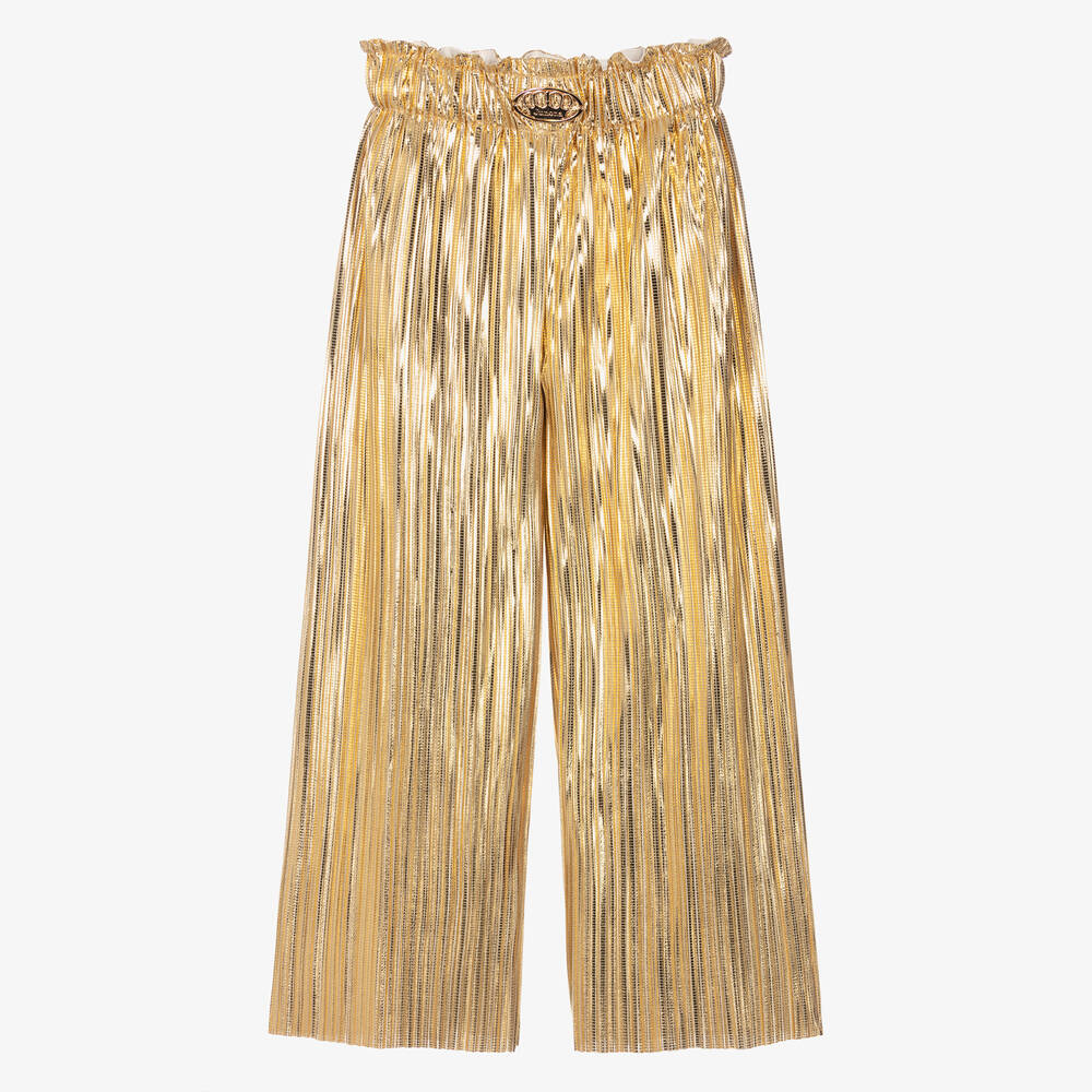 Junona - Girls Gold Wide Leg Pleated Trousers  | Childrensalon