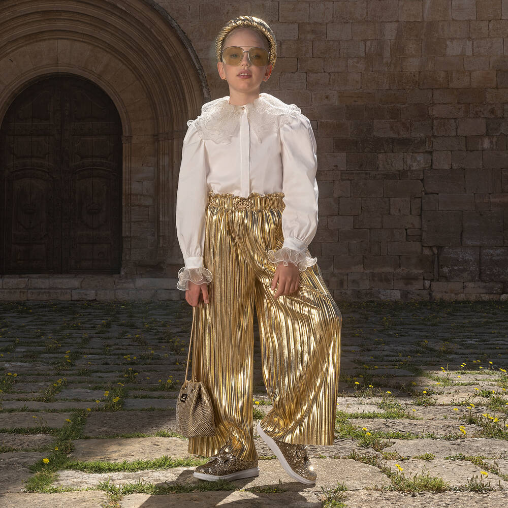 Junona-Girls Gold Wide Leg Pleated Trousers  | Childrensalon Outlet