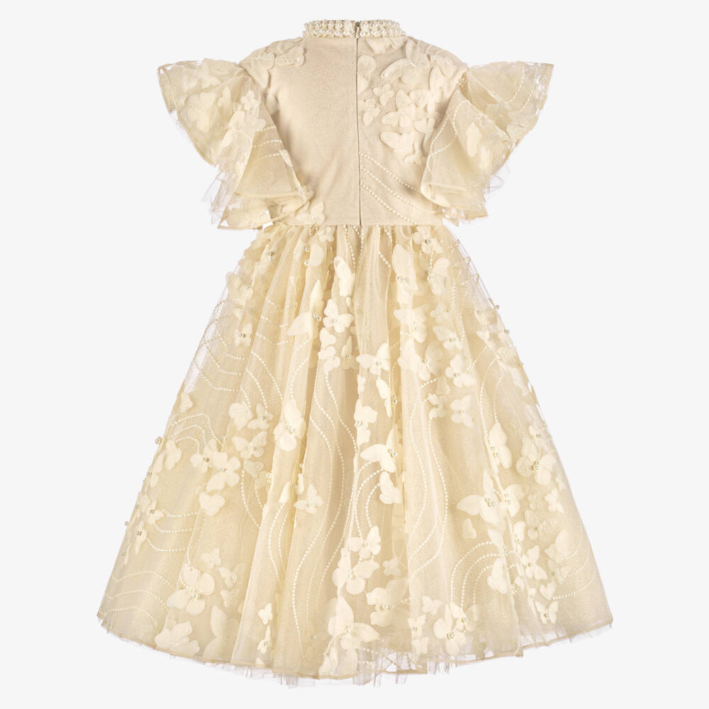 Junona-Girls Golden Ivory Beaded Butterfly Tulle Dress | Childrensalon Outlet