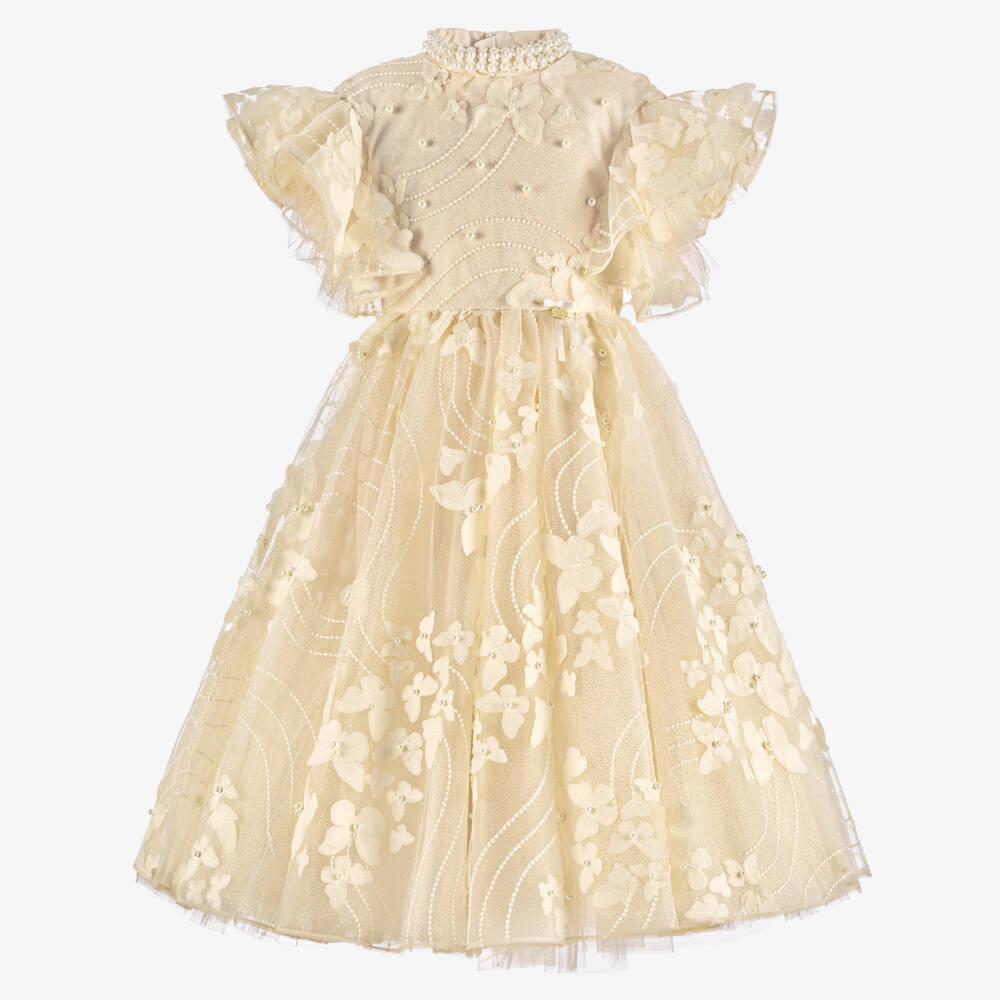 Junona-Girls Golden Ivory Beaded Butterfly Tulle Dress | Childrensalon Outlet
