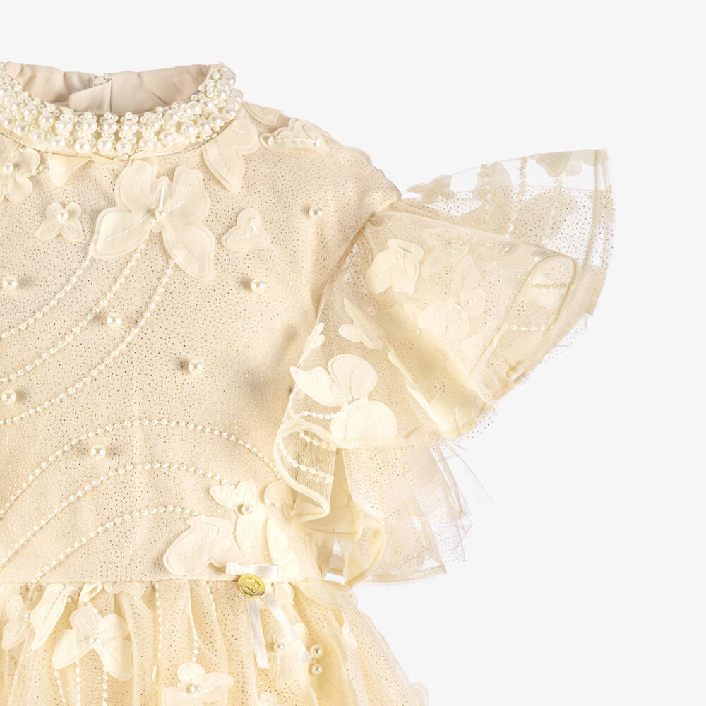 Junona-Girls Golden Ivory Beaded Butterfly Tulle Dress | Childrensalon Outlet