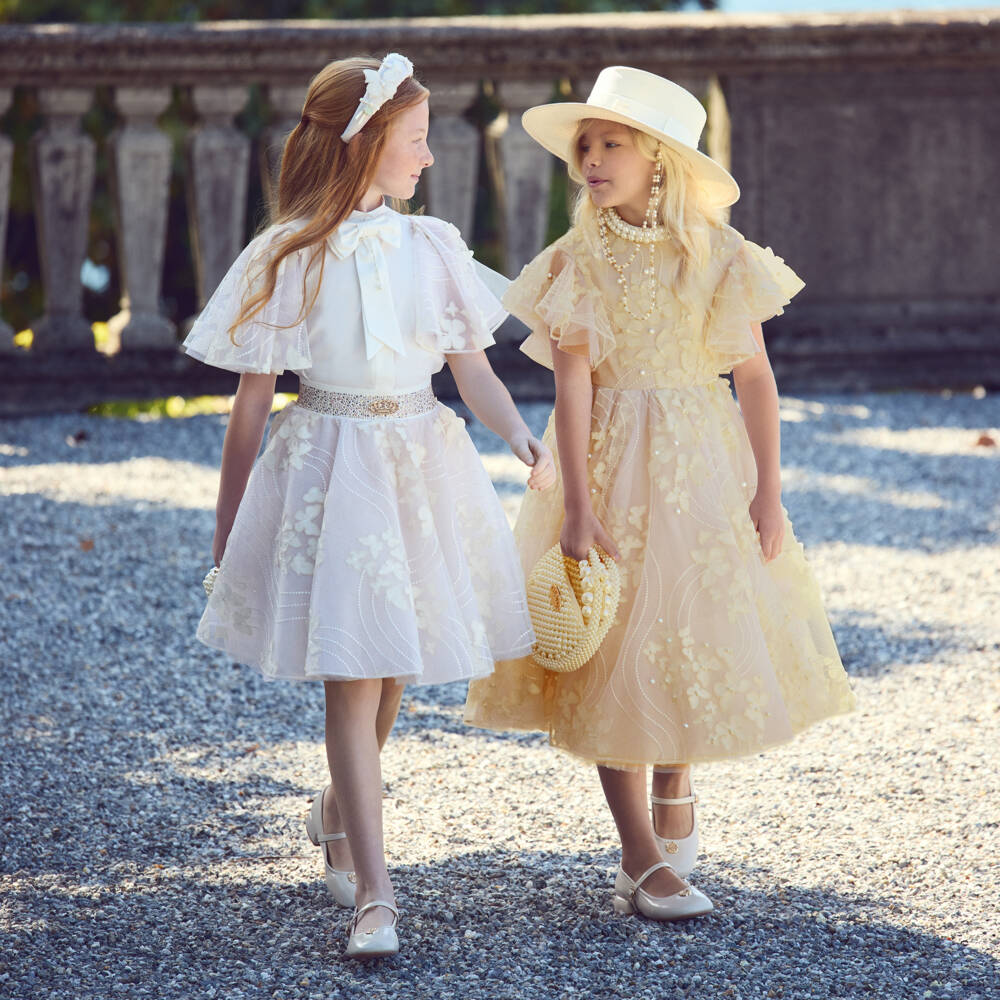 Junona-Girls Golden Ivory Beaded Butterfly Tulle Dress | Childrensalon Outlet