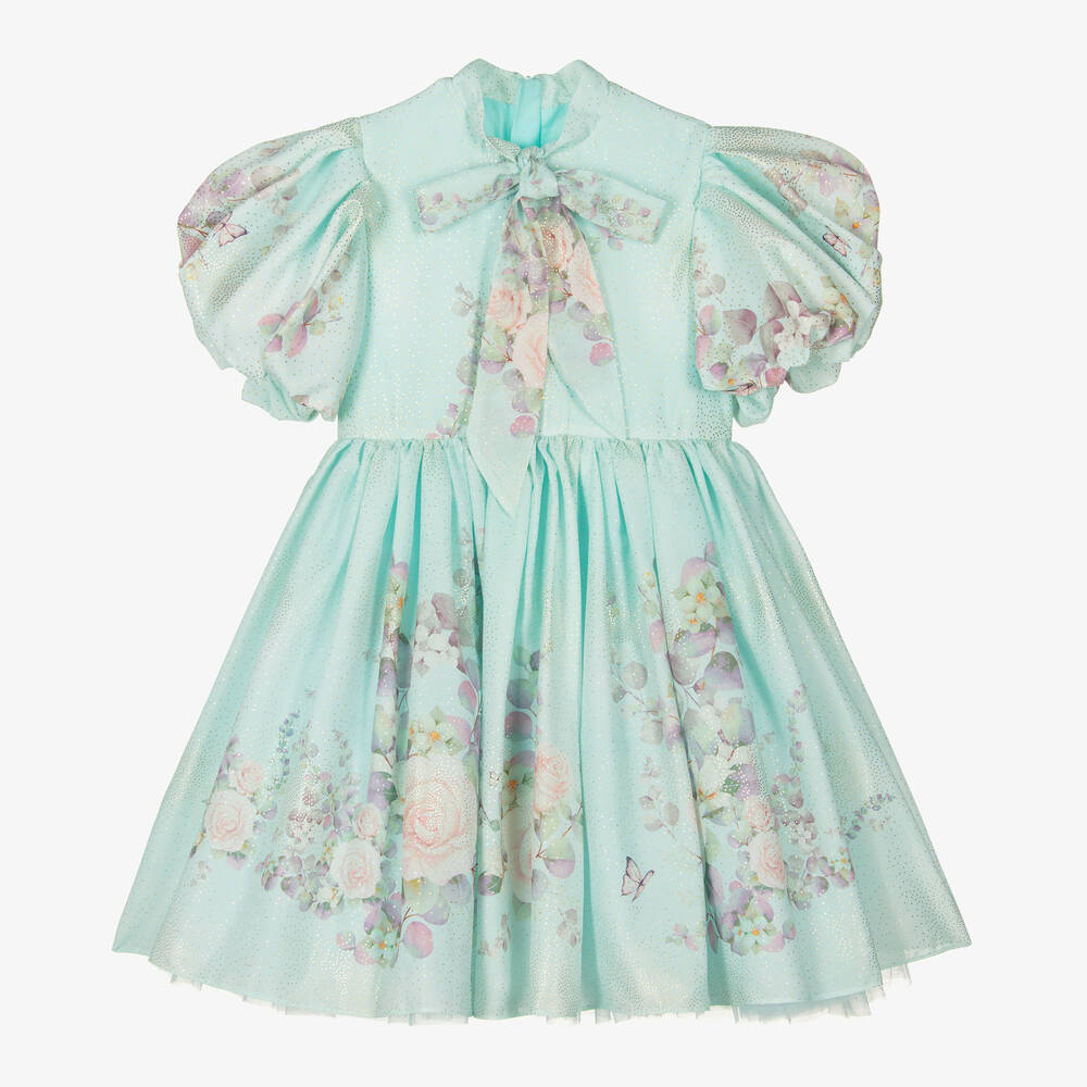 Junona - Girls Green Floral Crêpe Dress | Childrensalon