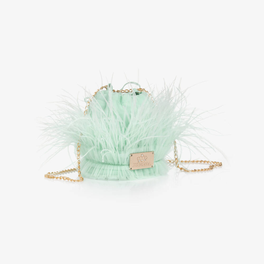 Junona-Girls Green Tulle & Feather Bag (12cm) | Childrensalon Outlet