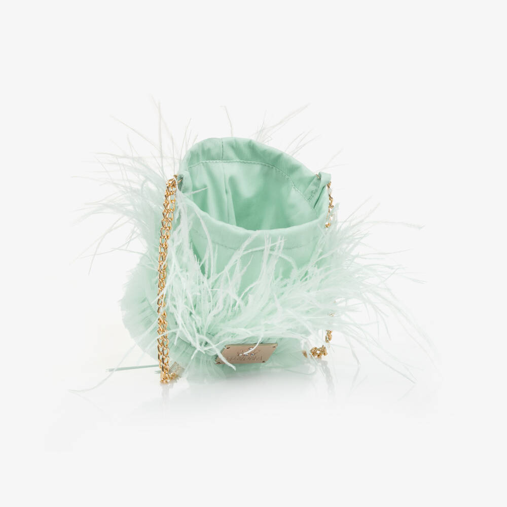 Junona-Girls Green Tulle & Feather Bag (12cm) | Childrensalon Outlet