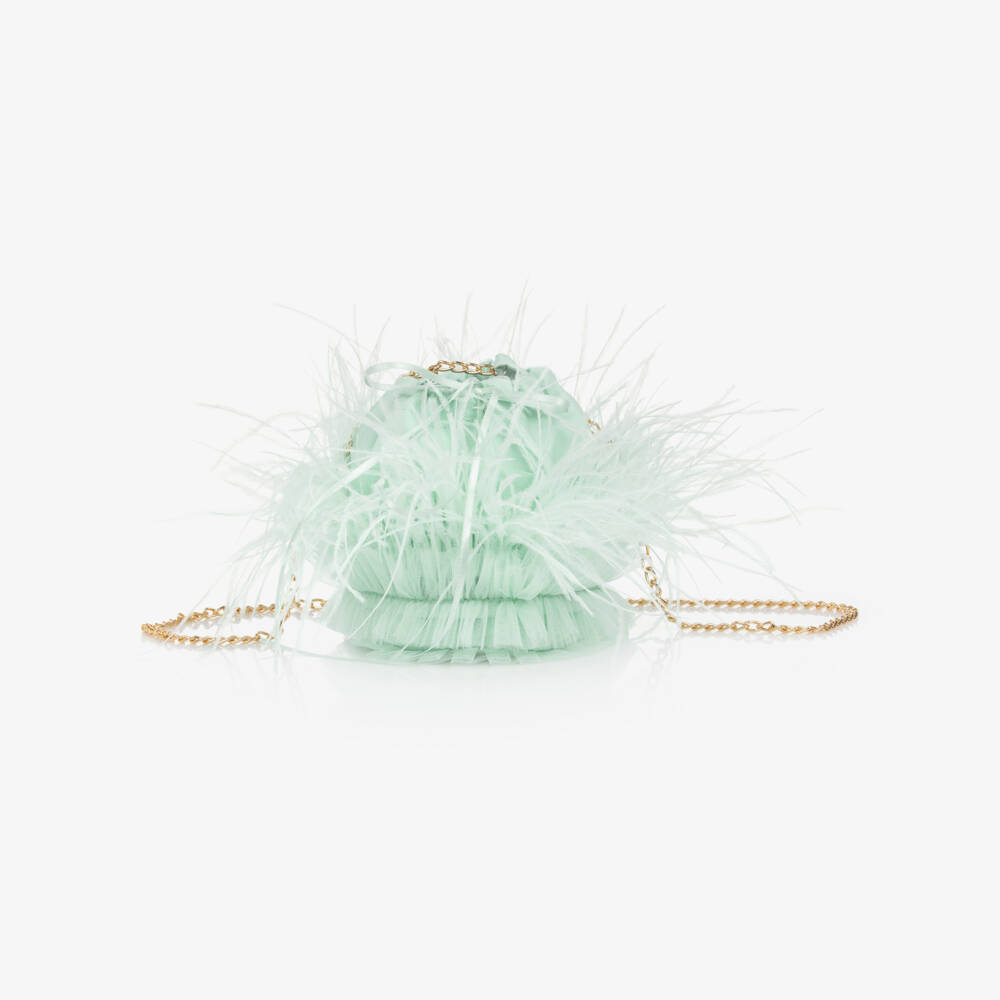 Junona-Girls Green Tulle & Feather Bag (12cm) | Childrensalon Outlet