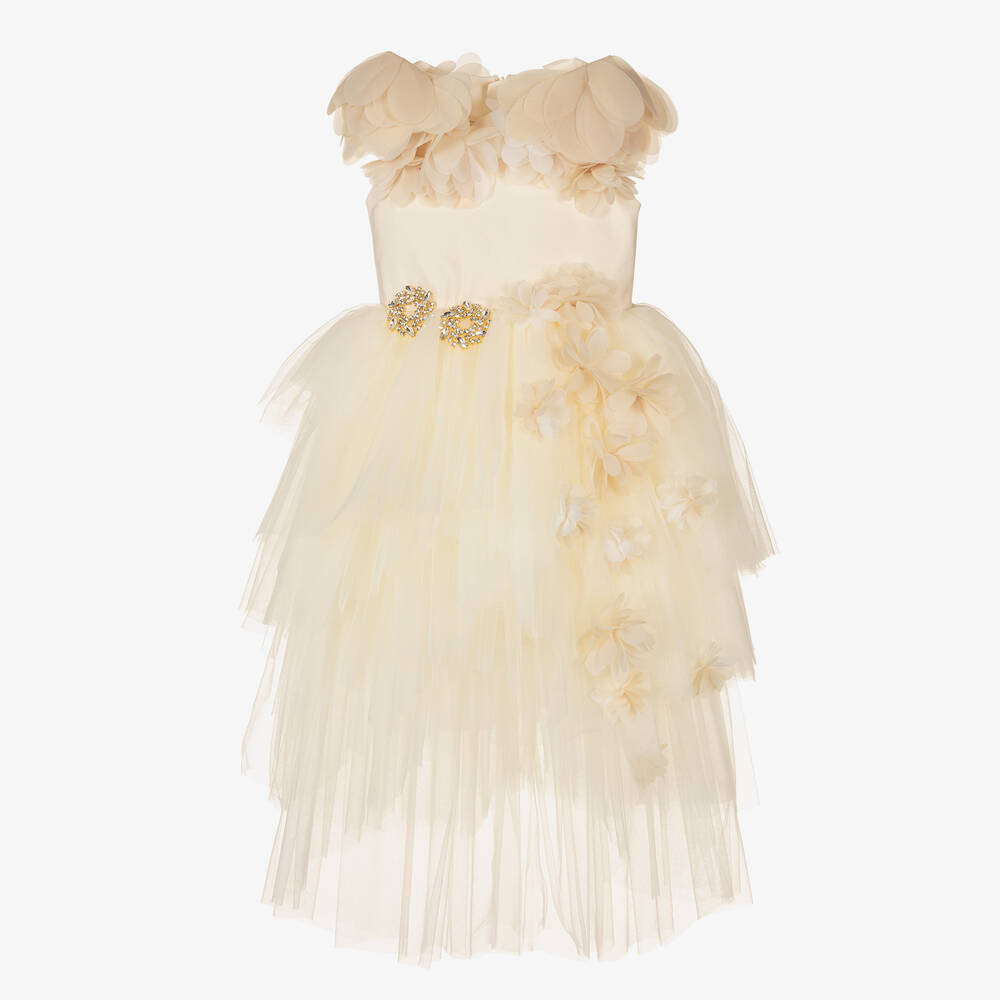 Junona - Girls Ivory & Beige Petal Tulle Dress | Childrensalon