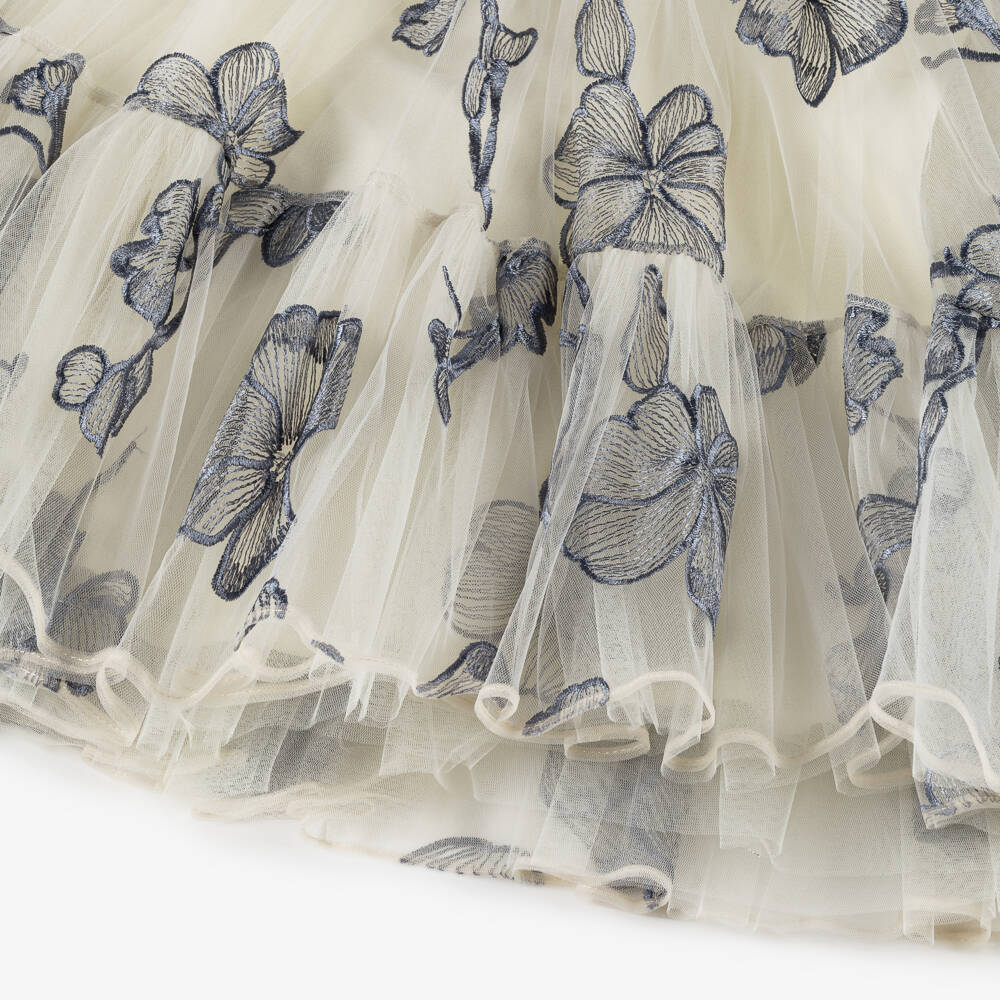 Junona-Girls Ivory & Blue Floral Tulle Dress with Pearl Collar | Childrensalon Outlet