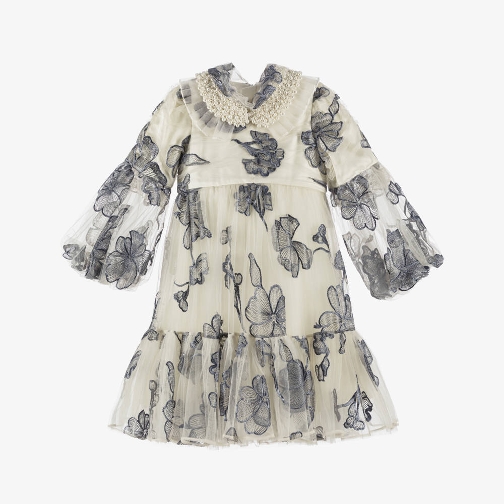 Junona-Girls Ivory & Blue Floral Tulle Dress with Pearl Collar | Childrensalon Outlet