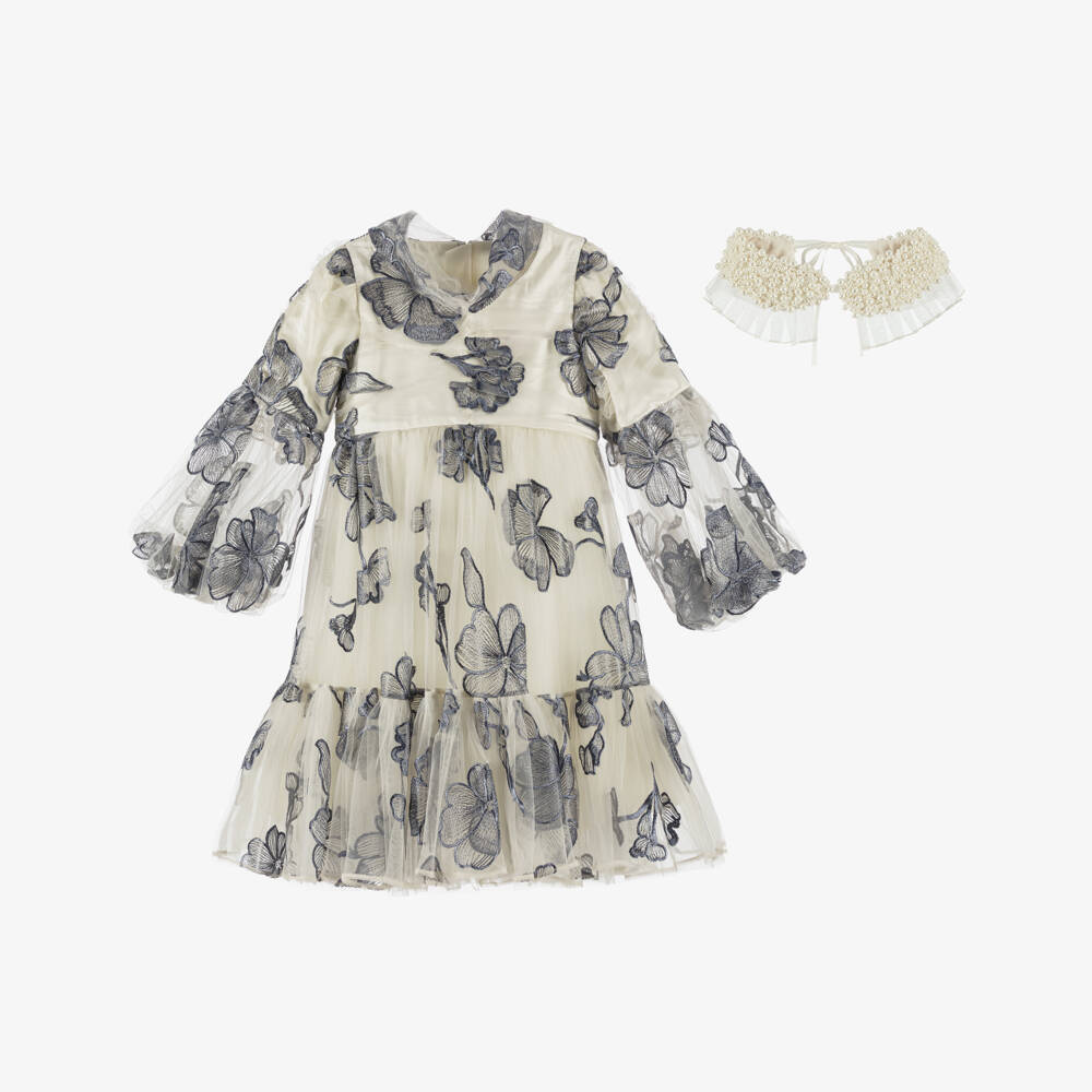 Junona-Girls Ivory & Blue Floral Tulle Dress with Pearl Collar | Childrensalon Outlet